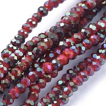 Electroplate Glass Beads Strands, Full Rainbow Plated, Faceted, Rondelle, Red, 2.5x1mm, Hole: 0.5mm, about 185~190pcs/strand, 13 inch(33cm)