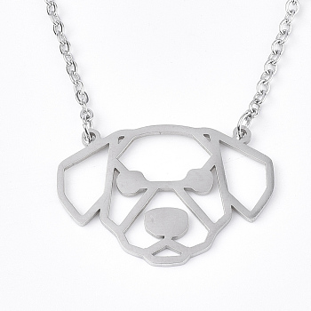 201 Stainless Steel Puppy Pendant Necklaces, with Cable Chains, Filigree Dog Head, Stainless Steel Color, 17.1 inch(43.5cm), 2mm, Dog: 21x30x1mm