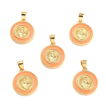 Brass Enamel Pendants, Cadmium Free & Lead Free, Long-Lasting Plated, Flat Round with Virgin Mary, Real 18K Gold Plated, Orange, 18x16x2.5mm, Hole: 4.5x3.5mm