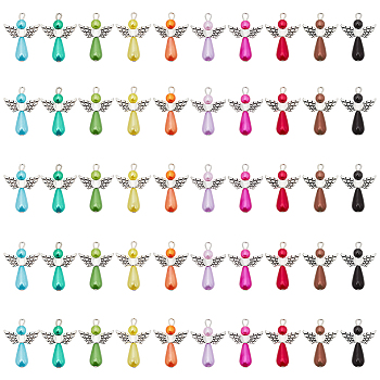 ABS Plastic Imitation Pearls Pendants, with Alloy Finding, Angel Shape, Mixed Color, 31x21.5x7.5mm, Hole: 2mm, 10 colors, 5pcs/color, 50pcs/bag