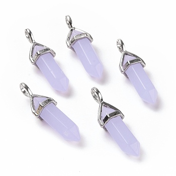 Luminous/Glow Bullet Glass Pointed Pendants, with Platinum Tone Brass Findings, Lead Free and Cadmium Free, Lilac, 28~29.5x9~9.5x8mm, Hole: 4.5x3mm
