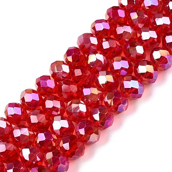 Electroplate Glass Beads Strands, AB Color Plated, Faceted, Rondelle, Red, 8x6mm, Hole: 1mm, about 64~65pcs/strand, 15.75~16.14 inch(40~41cm)