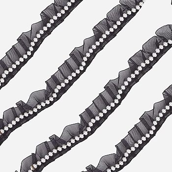 Polyester Lace Trim, with Imitation Pearl Beads, Flat, Black, 1-1/8 inch(28mm), 10yard/card