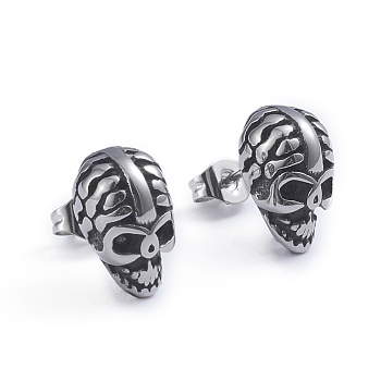 Retro 304 Stainless Steel Stud Earrings, with Ear Nuts, Skull, Antique Silver, 13x8mm, Pin: 0.6mm