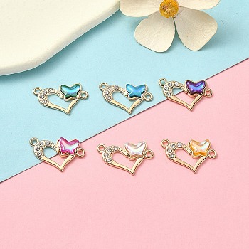6Pcs 6 Colors Alloy Crystal Rhinestone Connector Charms, Heart Links with Acrylic Butterfly, Light Gold, Mixed Color, 14x23x3mm, Hole: 1.8mm, 1pc/color