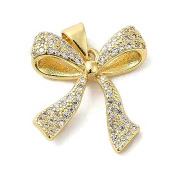 Brass Micro Pave Clear Cubic Zirconia Pendants, Bowknot, Real 16K Gold Plated, 19.5x18x5mm, Hole: 4mm