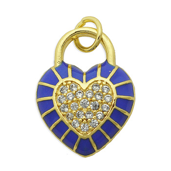 Brass Micro Pave Clear Cubic Zirconia Pendants,  with Enamel and Jump Rings, Light Gold, Cadmium Free & Nickel Free & Lead Free, Heart, Medium Blue, 20x15x4mm, Jump Ring: 5x1mm, 3mm