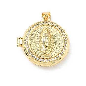 Brass Micro Pave Clear Cubic Zirconia Locket Pendants, Flat Round with Virgin Mary Charms, Real 16K Gold Plated, 24.5x24x10mm, Hole: 4.5x3.5mm, Tray: 19mm