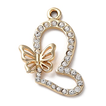UV Plating Light Gold Alloy Rhinestone Pendants, Heart with Butterfly Charm, Crystal, 28x18x3mm, Hole: 1.8mm