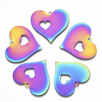 Valentine's Day Ion Plating(IP) 201 Stainless Steel Pendants, Etched Metal Embellishments, Heart with Heart, Rainbow Color, 27x29x0.3mm, Hole: 2mm