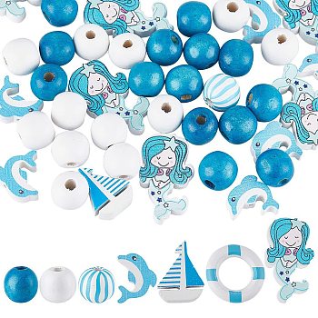 100Pcs 7 Styles Ocean Theme Dyed Natural Wood Beads, Round & Dolphin & Mermaid, Mixed Shapes, Lead Free, Mixed Color, 16~24.5x16~24.5x5.5~15mm, Hole: 1.8~4mm