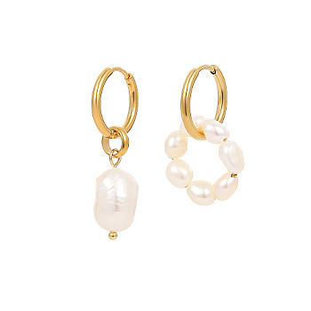 Stainless Steel Hoop Earring, Asymmetrical Earrings for Women, with Shell Pearl, Real 18K Gold Plated, No Size

