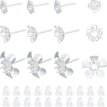 Flower 304 Stainless Steel Stud Earring Findings, 5-Petal, with Plastic Ear Nuts, Silver, Earring: 30pcs, Ear Nuts: 30pcs