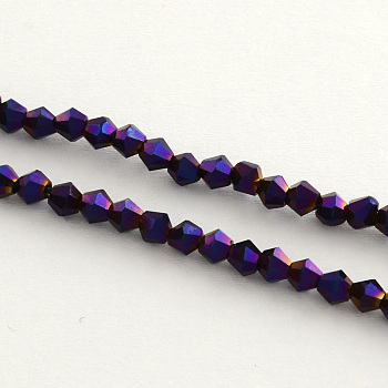 Electroplate Glass Bead Strands, Rainbow Plated, Faceted Bicone, Purple Plated, 4x4.5mm, Hole: 1mm, about 92~96pcs/strand, 13.78~14.37 inch