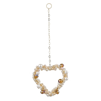 Heart Glass & Shell Pearl Beads Pendant Decorations, Brass Cable Chains Hanging Ornaments, Golden, 165mm