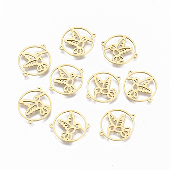 304 Stainless Steel Links Connectors, Laser Cut, Flat Round with Bird, Real 18K Gold Plated, 15x18x1mm, Hole: 0.8mm