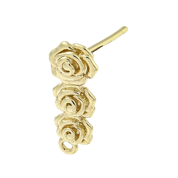 Brass Ear Studs Findings, Rose, Real 14K Gold Plated, 18x7mm, Hole: 1.2mm, Pin: 11.5mm