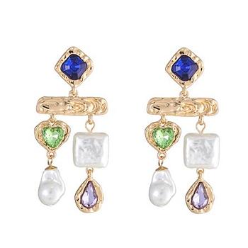 Imitating Pearl & Glass Heart & Teardrop Chandelier Earrings, Golden Alloy Jewelry, Gold, 65x28mm, Pin: 0.65mm