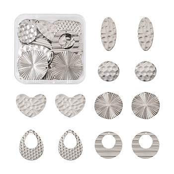 24Pcs 6 Style 304 & 201 Stainless Steel Pendants, Textured, Oval & Heart & Flat Round & Teardrop, Stainless Steel Color, 20~38x16~32x0.7~2mm, Hole: 1.4~2mm, 4pcs/style
