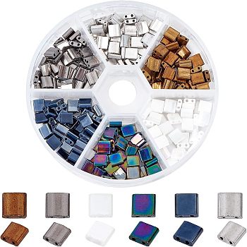 240Pcs 6 Colors Electroplate Glass Seed Beads, 2-Hole, Rectangle, Mixed Color, 5x4.5~5.5x2~2.5mm, Hole: 0.5~0.8mm, 40pcs/color