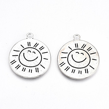 Tibetan Style Alloy Pendants, Lead Free & Cadmium Free, Flat Round with Sun Pattern, Back with Word, Antique Silver, 27.5x24x1mm, Hole: 2.5mm