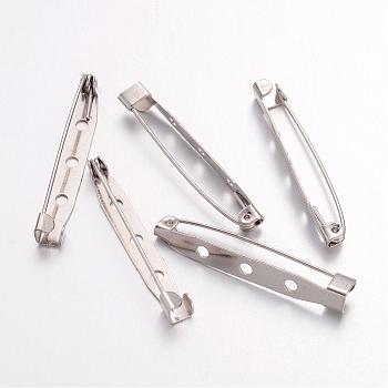 Platinum Plated Iron Brooch Findings, Back Bar Pins, with Three Holes, 40x6mm, Pin: 1mm, Hole: 2mm