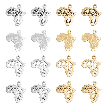 16Pcs 8 Style Ion Plating(IP) 304 Stainless Steel Pendants, Manual Polishing, Map of Africa, Mixed Color, 14x16x1mm, Hole: 1.6mm, 2pcs/style