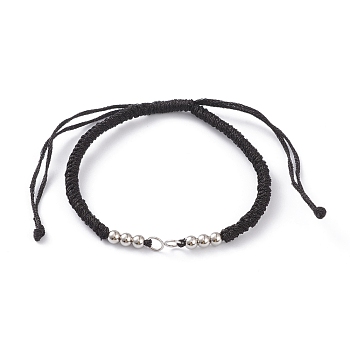Adjustable Braided Polyester Cord Bracelet Making, with 304 Stainless Steel Jump Rings and Smooth Round Beads, Black, Single Chain Length: about 6-1/2 inch(16.5cm)