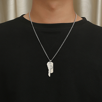 Smiling Face Key Combination Pendant Necklaces, Stainless Steel Curb Chain Necklace for Men 