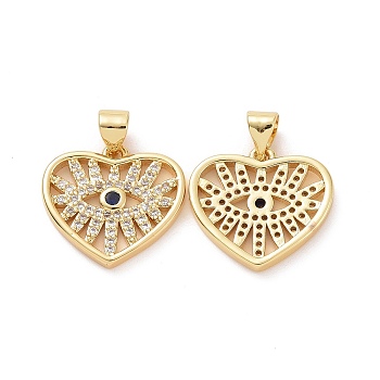 Brass Micro Pave Cubic Zirconia Pendants, Heart with Evil Eye Charms, Golden, 16x17.5x2mm, Hole: 3.5x4mm