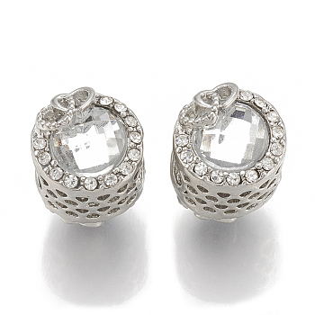 Alloy Rhinestone Beads, Hollow, Large Hole Beads, Flat Round with Heart to Heart, Platinum, Crystal, 12x16mm, Hole: 5.5mm