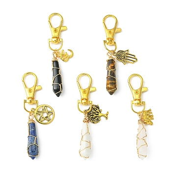 Wire Wrapped Gemstone Bullet Pendant Decoration, with Alloy Swivel Lobster Claw Clasps and Elephant/Tree/Hamsa Hand/Star Pendants, 74~77mm