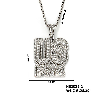 Hip-hop style Street Dance Alloy Crystal Rhinestone Alphabet US BOYZ Pendant Necklaces, Platinum, 23.62 inch(60cm)