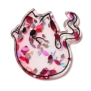 Halloween Double Side Transparent Acrylic Pendants, with Paillette, Cerise, Cat Shape, 40x38.5x2mm, Hole: 1.8mm(OACR-G041-01B)