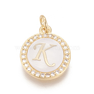 Brass Micro Pave Cubic Zirconia Pendants, with Shell, Long-Lasting Plated, Lead Free & Cadmium Free & Nickel Free, Real 18K Gold Plated, Flat Round with Letter, Clear, Letter.K, 16x13.5x3mm, Hole: 3mm(ZIRC-L078-043K-NR)