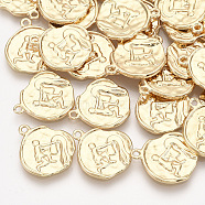 Brass Pendants, Flat Round with Constellations, Real 18K Gold Plated, Aquarius, 16x14x1~1.5mm, Hole: 1mm(X-KK-S352-01G)