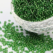 (Repacking Service Available) 12/0 Glass Seed Beads, Silver Lined Round Hole, Round, Lime Goreen, 2mm, Hole: 1mm, about 12G/bag(SEED-C014-2mm-27)