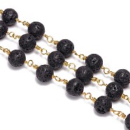 3.28 Feet Handmade Natural Lava Rock Beaded Chains, Unwelded, with Brass Findings, Round, Golden, 8.5mm(X-CHC-F007-03-8mm)