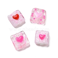 Valentine's Day Handmade Lampwork Enamel Beads Strands, Hand Drawn Beads, Square with Heart, Pink, 14~15x14~15x7~8mm, Hole: 1.2mm, about 25pcs/strand, 14.5 inch(X1-LAMP-A001-D05)