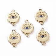 Brass Micro Pave Clear & Royal Blue Cubic Zirconia Links Connectors, Flat Round with Eye, Real 18K Gold Plated, 14x10x1.5mm, Hole: 1.2mm(KK-C100-40G)
