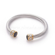 304 Stainless Steel Cuff Bangles, Torque Bangles, with Cat Eye, Golden & Stainless Steel Color, Black, 2-1/4 inch~2-3/8 inch(5.7~6cm)(BJEW-L642-22B)