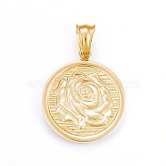 304 Stainless Steel Pendants, Flat Round with Flower, Golden, 29x25x2mm, Hole: 9x5mm(STAS-H463-06G)
