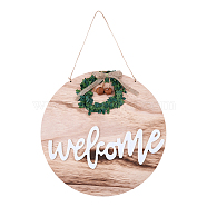 Wooden Ornaments, with Jute Twine, for Party Gift Home Decoration, Flat Round with Word, Word, 300mm(HJEW-WH0006-42)
