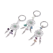 Natural Chip Fluorite & Green Aventurine Keychain, with Tibetan Style Pendants and 316 Surgical Stainless Steel Key Ring, Woven Net/Web with Feather, 107mm, Pendant: 82x28x7mm(KEYC-JKC00119-02)