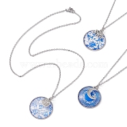 Steel Blue Glass Flat Round & Alloy Pendant Necklace, with 304 Stainless Steel Chains, Mixed Shapes, 18.35 inch(46.6cm)(NJEW-JN04453)