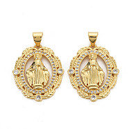 Brass Micro Pave Cubic Zirconia Pendants, Nickel Free, Oval with Virgin, Real 16K Gold Plated, 25x21x3mm, Hole: 3x5mm(KK-Q252-082-NF)