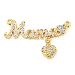Rack Plating Brass Micro Pave Cubic Zirconia Pendants, Cadmium Free & Lead Free, Long-Lasting Plated, Word Mama with Heart for Mother's Day, Real 18K Gold Plated, 24x40x3mm, Hole: 1.8mm(KK-C044-13G)