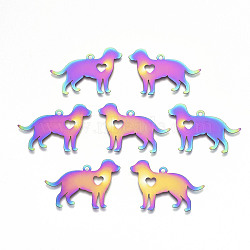 Ion Plating(IP) 201 Stainless Steel Pet Pendants, Etched Metal Embellishments, Dog with Heart, Rainbow Color, 25x35x0.3mm, Hole: 1.8mm(X-STAS-R114-025)