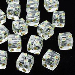 Transparent Printed Acrylic Beads, Square with Fruit Pattern, Avocado Pattern, 16x16x16mm, Hole: 3mm(MACR-S374-08A-05)