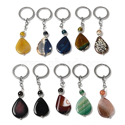 Iron with Alloy Natural Agate Pendant Keychain, Dyed, Teardrop, Mixed Color, 120mm(G-Q169-05P)